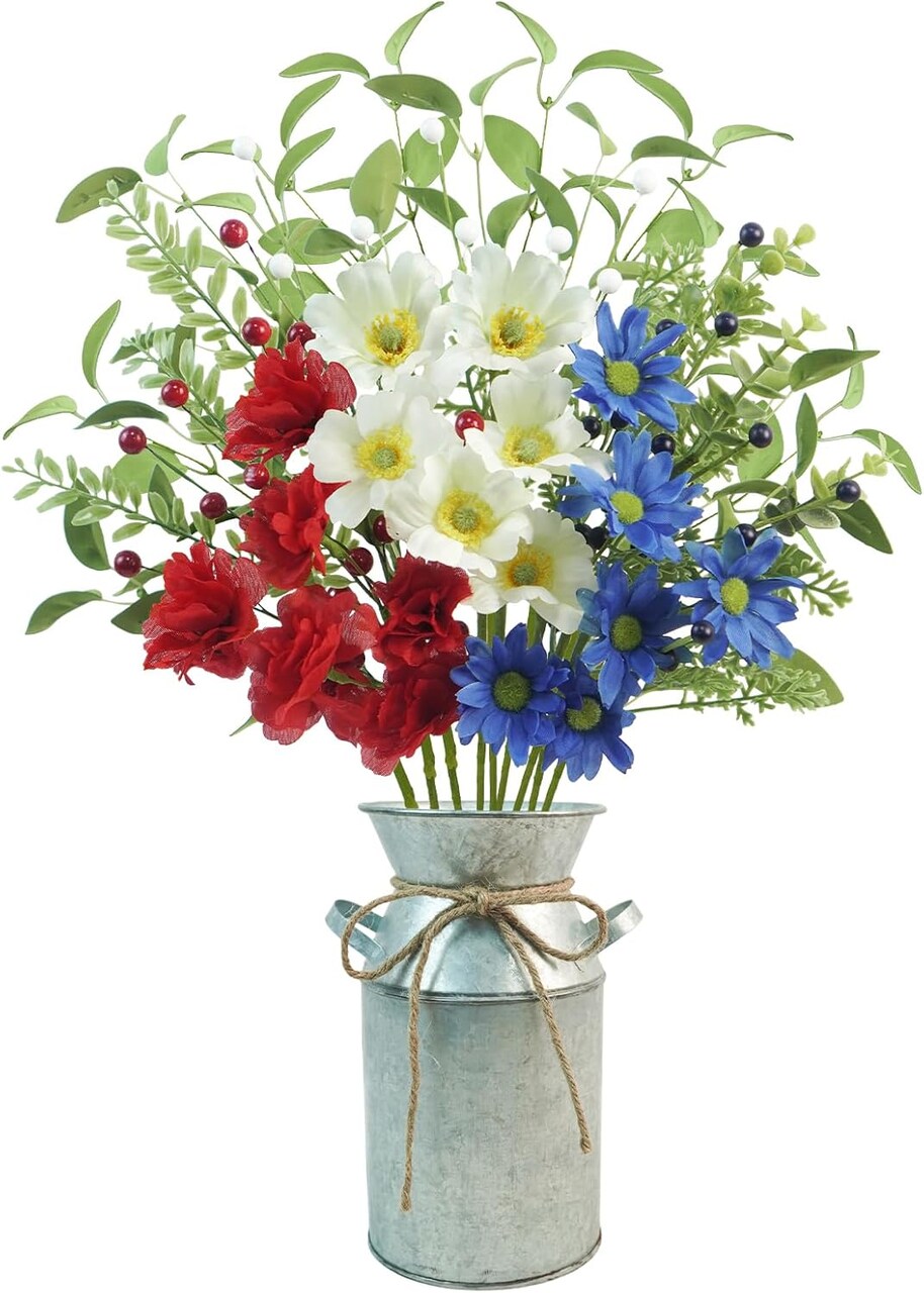 9pcs Patriotic Artificial Flowers, Red White and Blue Flowers with Vase for 4th of July Decorations Patriotic